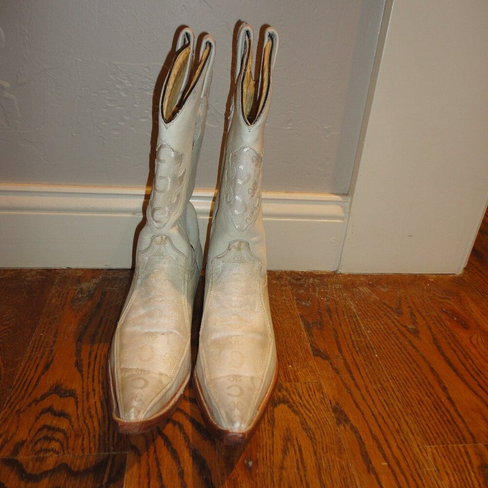 VERETTA Men's White Leather & Canvas Pointed Toe Western Boots Size 8